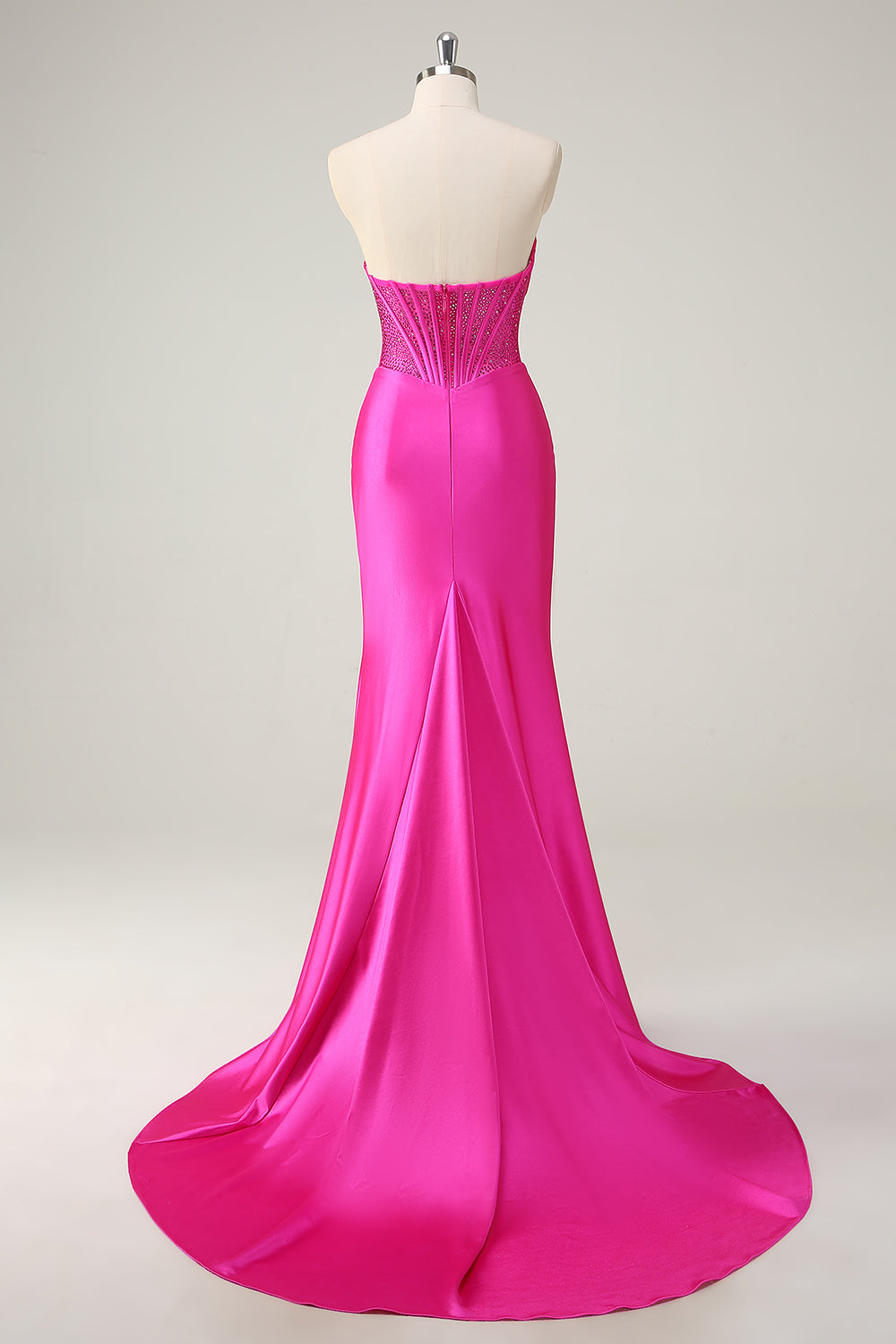 Fuchsia Mermaid Beaded Sweetheart Satin Long Prom Dress