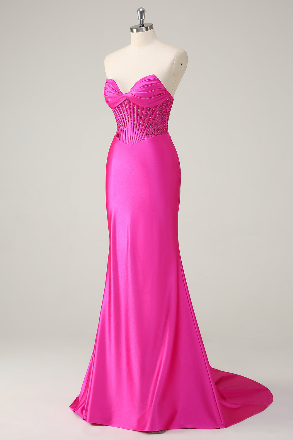 Fuchsia Mermaid Beaded Sweetheart Satin Long Prom Dress