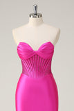 Fuchsia Mermaid Beaded Sweetheart Satin Long Prom Dress