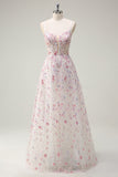 Sparkly Pink Floral A-Line Spaghetti Straps Long Prom Dress