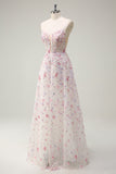 Sparkly Pink Floral A-Line Spaghetti Straps Long Prom Dress