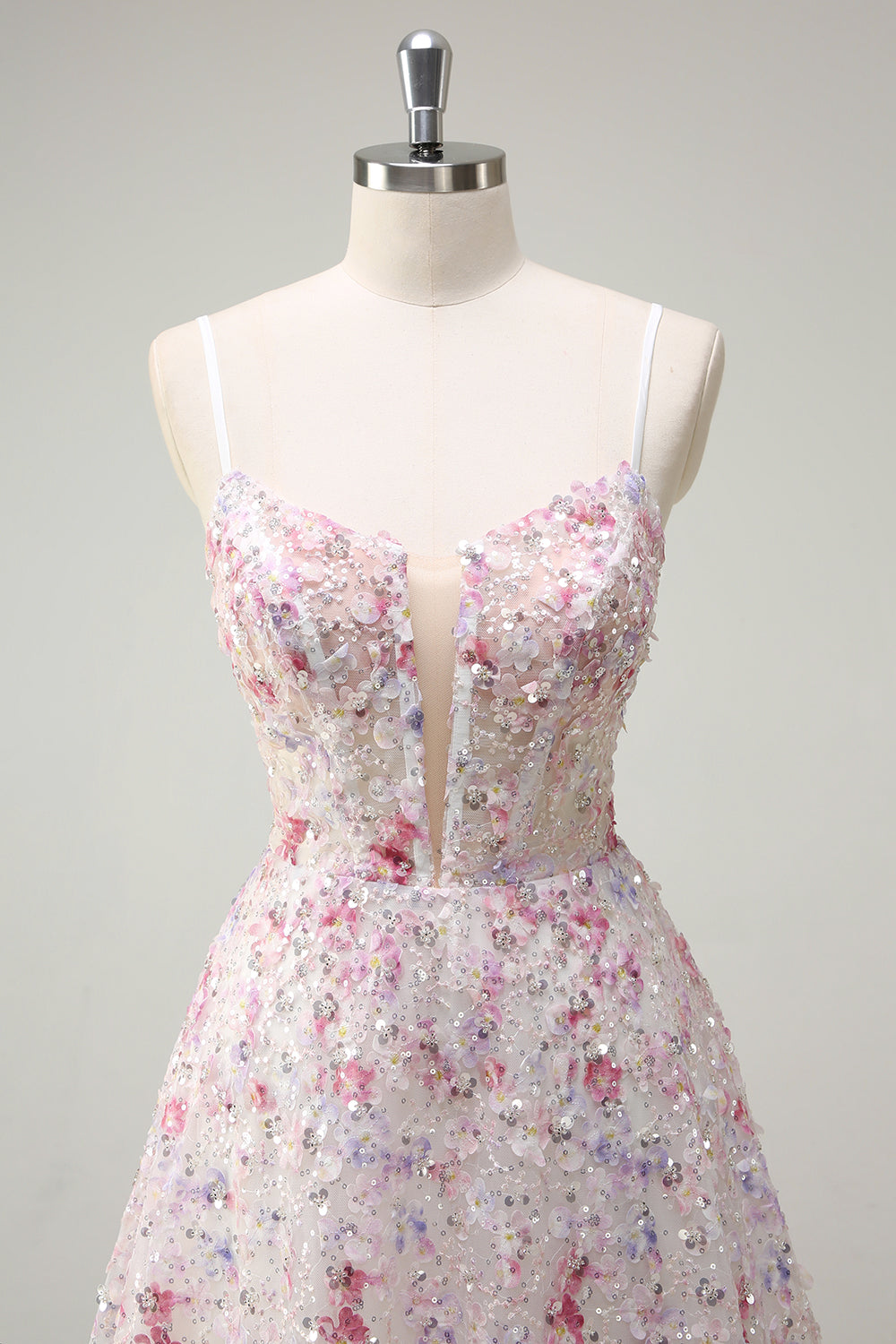 Sparkly Pink Floral A-Line Spaghetti Straps Long Prom Dress