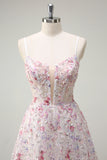 Sparkly Pink Floral A-Line Spaghetti Straps Long Prom Dress