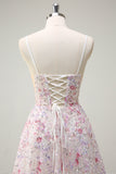 Sparkly Pink Floral A-Line Spaghetti Straps Long Prom Dress