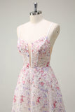 Sparkly Pink Floral A-Line Spaghetti Straps Long Prom Dress