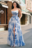 White Blue Flower Spaghetti Straps Corset Long Prom Dress with Slit