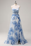 White Blue Flower Spaghetti Straps Corset Long Prom Dress with Slit