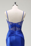 Royal Blue Mermaid Spaghetti Straps Satin Corset Long Prom Dress with Slit