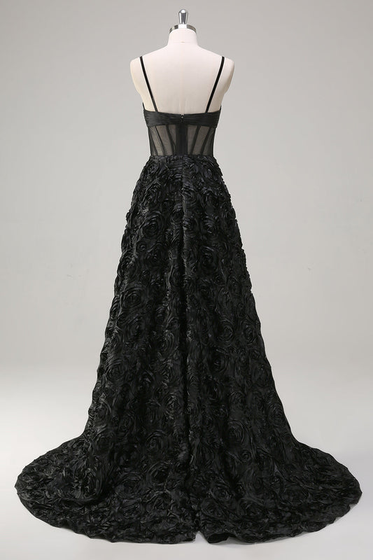 Elegant Black A Line 3D Floral Ball Gown with Sheer Corset