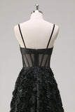 Black Flower A Line Spaghetti Straps Corset Long Prom Dress with Slit