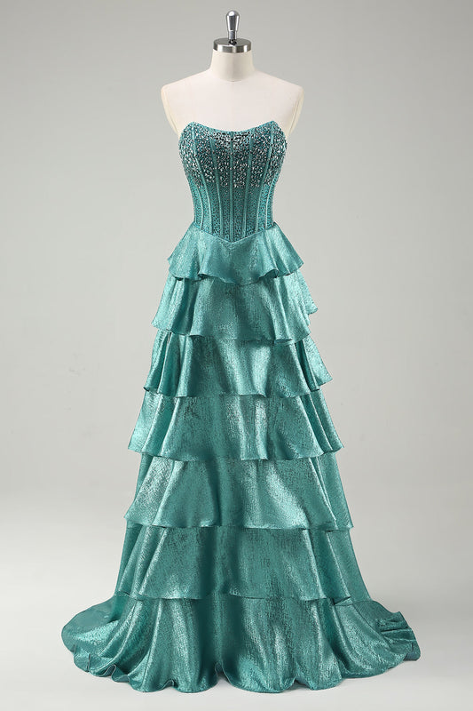 Tiered Ruffles Peacock Green Strapless Long Prom Dress with Beading