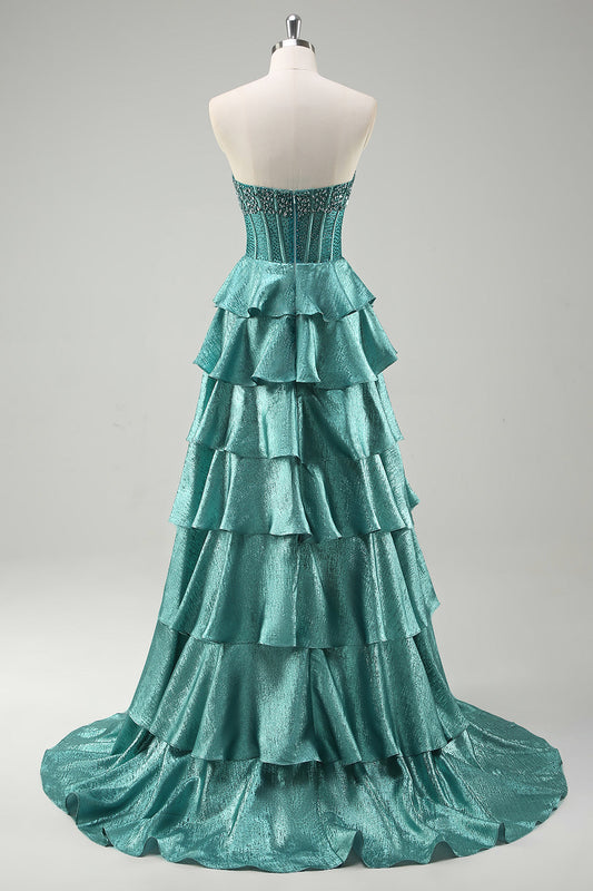 Tiered Ruffles Peacock Green Strapless Long Prom Dress with Beading