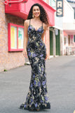 Sparkly Sequins Mermaid Spaghetti Straps Black Prom Dress with Appliques