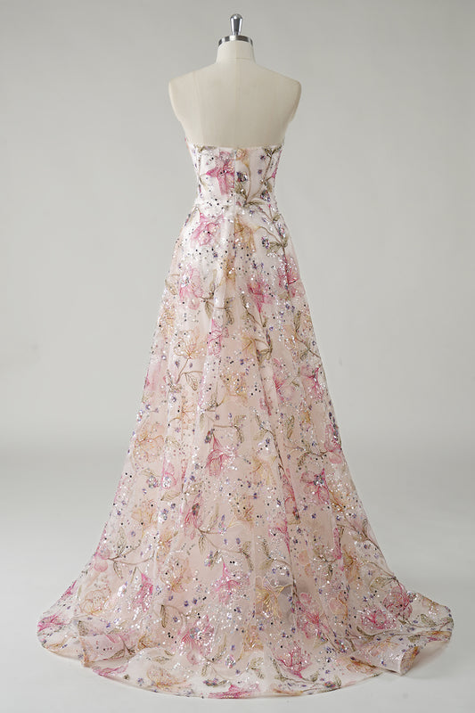 Sparkly Pink Floral A Line Strapless Prom Dress with Slit