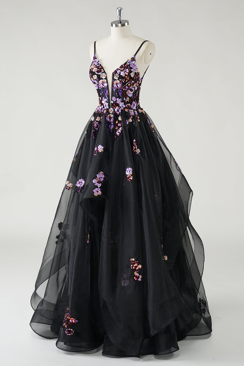 A Line Deep V Neck Black Long Prom Dress with Sequined Appliques