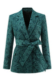 Dark Green Jacquard Peak Lapel Women's Suits with Belt