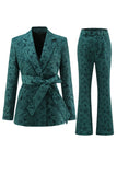 Dark Green Jacquard Peak Lapel Women's Suits with Belt