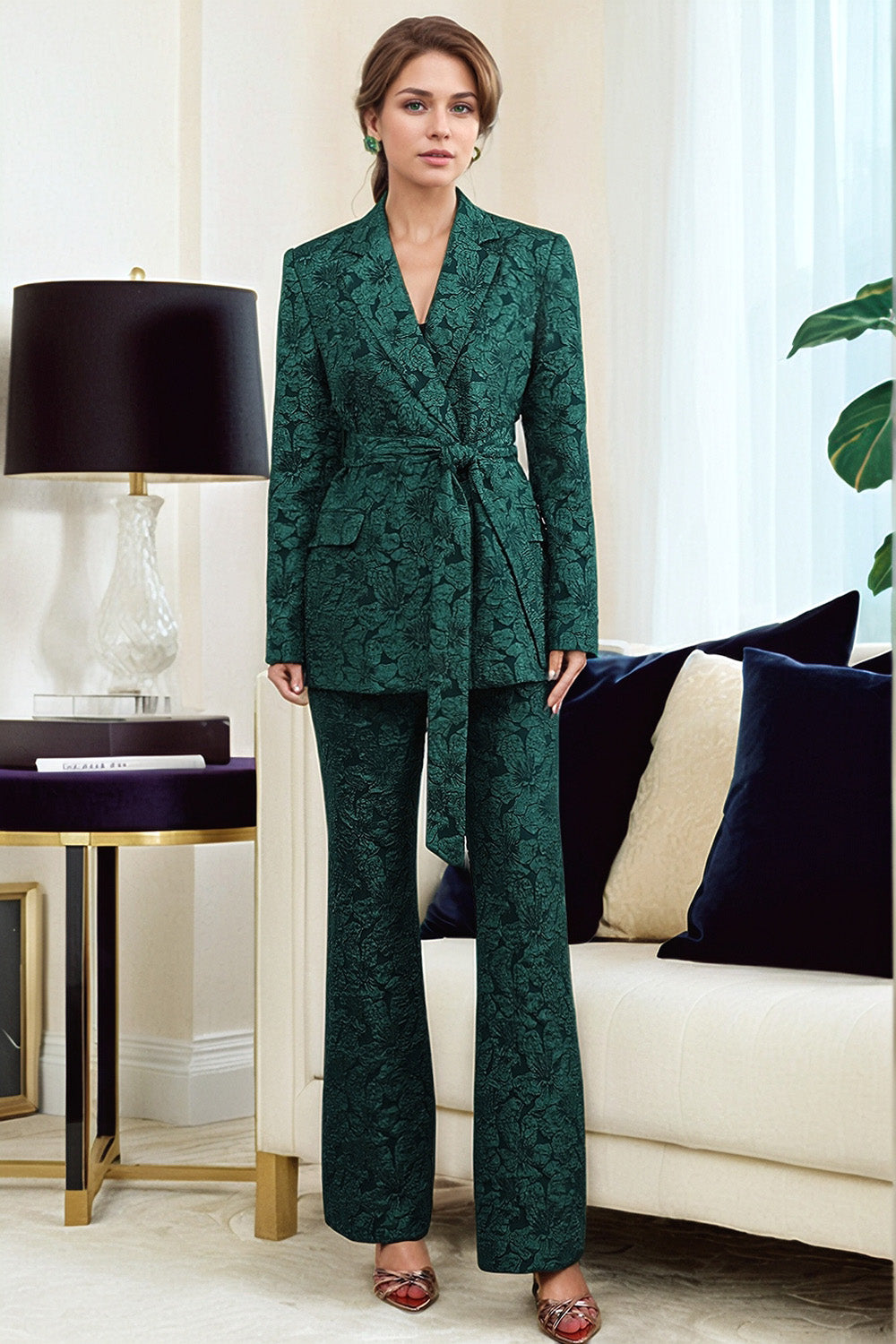 Dark Green Jacquard Peak Lapel Women's Suits with Belt