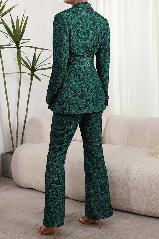 Dark Green Peak Lapel Jacquard Women's Suits with Belt