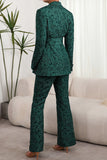 Dark Green Jacquard Peak Lapel Women's Suits with Belt