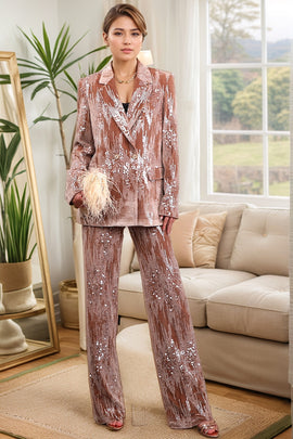 Sparkly Dusty Rose 2 Pieces Notched Lapel Women's Suits with Feather