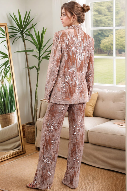 Sparkly Dusty Rose 2 Pieces Notched Lapel Women's Suits with Feather