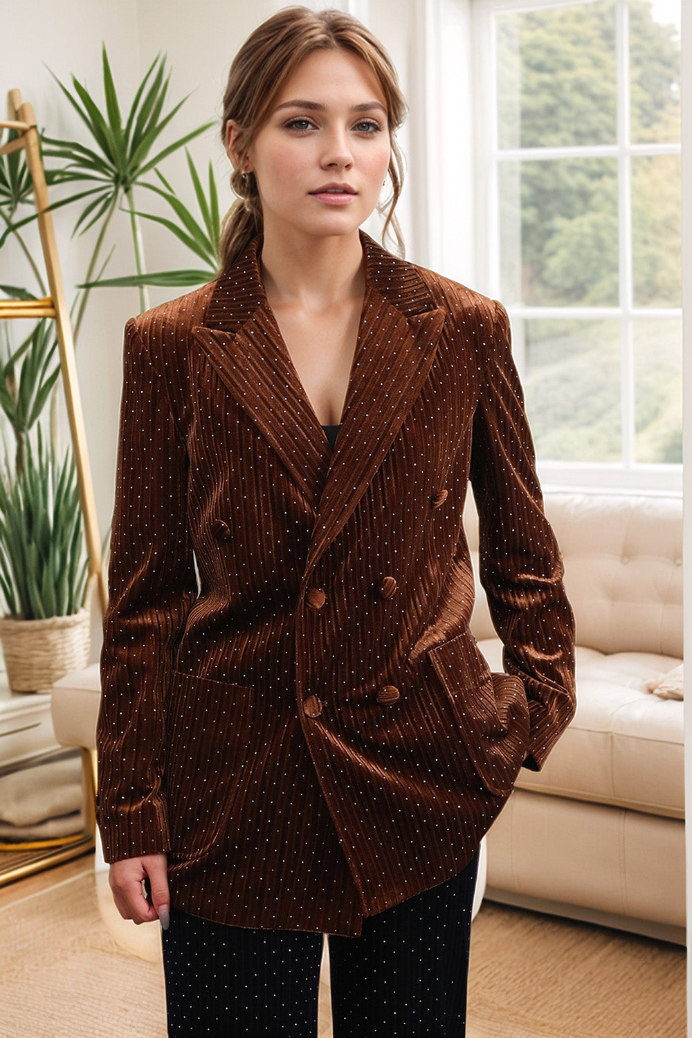 Sparkly Velvet Coffee Peak Lapel Women's Blazer