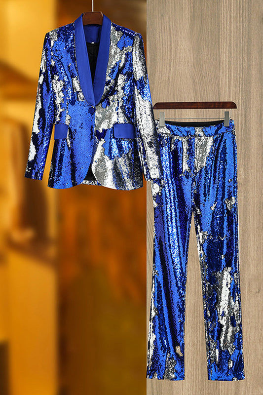 Sparkly Royal Blue Shawl Lapel Women's Suits