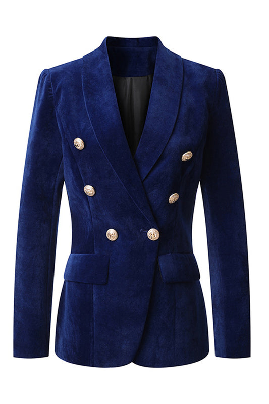 Navy Velvet Shawl Lapel Women's Blazer