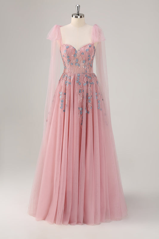 Pink A-Line Long Prom Dress with Appliques