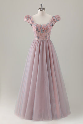 Sparkly Grey Pink Tulle A-Line Long Prom Dress with Appliques