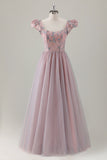 Sparkly Grey Pink Tulle A-Line Long Prom Dress with Appliques