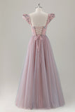 Sparkly Grey Pink Tulle A-Line Long Prom Dress with Appliques