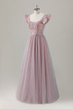 Sparkly Grey Pink Tulle A-Line Long Prom Dress with Appliques