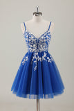 Royal Blue Spaghetti Straps Short Homecoming Dress with Appliques