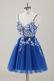 Royal Blue Spaghetti Straps Short Homecoming Dress with Appliques