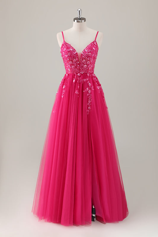 Sparkly Fuchsia Appliqued A-Line Long Prom Dress with Slit