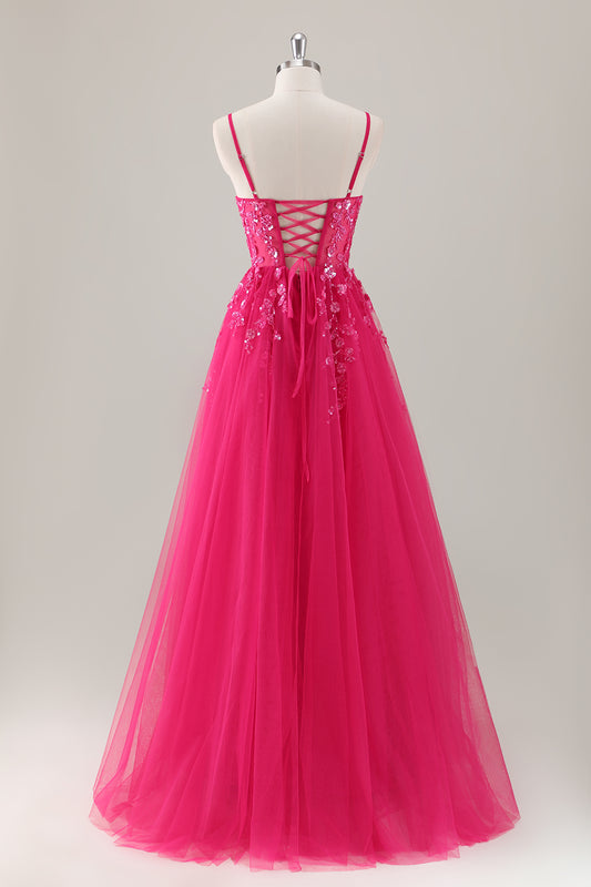 Sparkly Fuchsia Appliqued A-Line Long Prom Dress with Slit