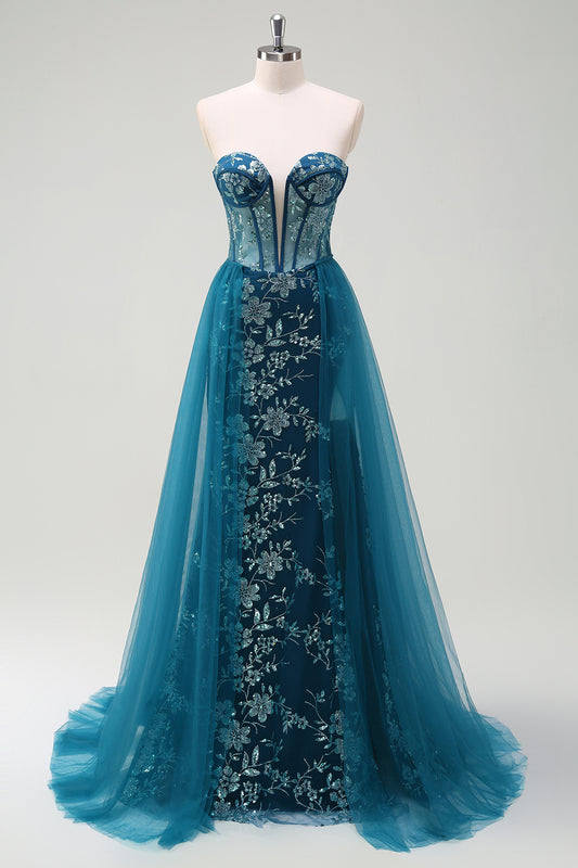 Sparkly Peacock Blue Corset Floral Long Prom Dress