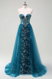 Peacock Blue Mermaid Streamer Strapless Corset Long Prom Dress with Slit