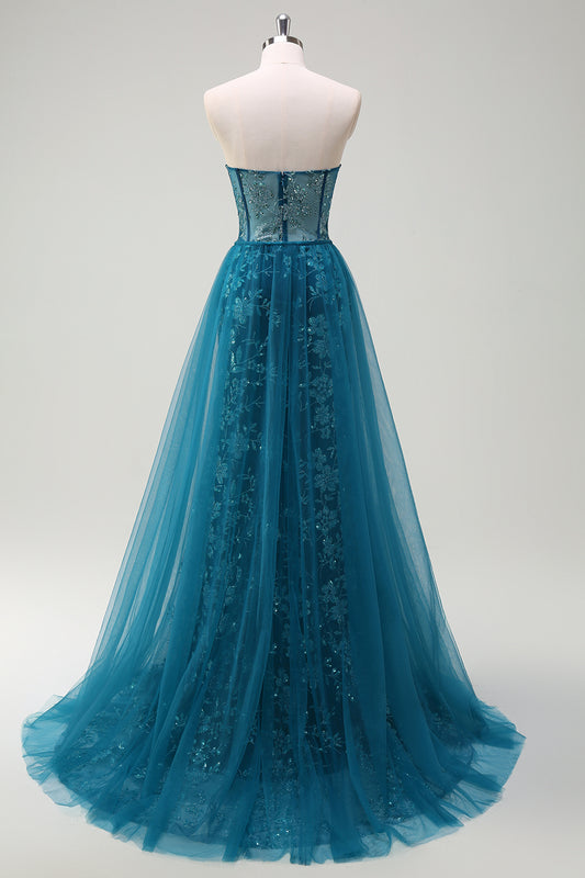 Sparkly Peacock Blue Corset Floral Long Prom Dress