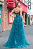 Peacock Blue Mermaid Streamer Strapless Corset Long Prom Dress with Slit