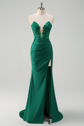 Mermaid Green Sweetheart Applique Satin Long Prom Dress