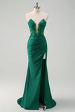 Mermaid Green Strapless Cut Out Corset Long Prom Dress with Slit