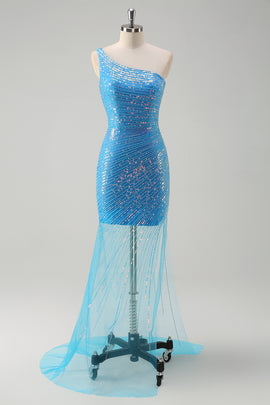 Sparkly One Shoulder Bodycon Blue Short Prom Dress