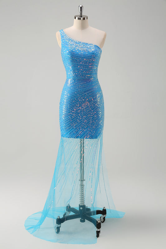 Sparkly One Shoulder Bodycon Blue Short Prom Dress