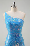 Sparkly One Shoulder Bodycon Blue Short Prom Dress