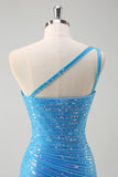 Sparkly One Shoulder Bodycon Blue Short Prom Dress