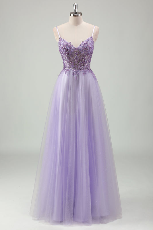 Sparkly Purple Spaghetti Strap Long Prom Dress with Lace