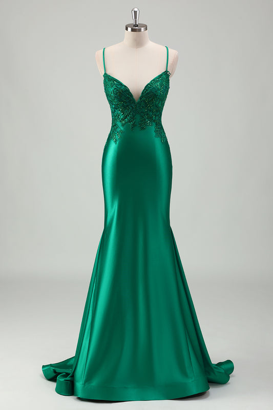 Green Spaghetti Straps Long Prom Dress with Lace